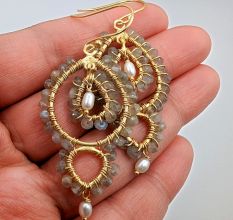 Labradorite & Pearl dangle Earring, Gemstone Brass jewelry, 22k gold plated